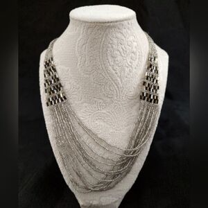 SALE ! Handmade Beaded Necklace silver strands w earth tone bigger beads